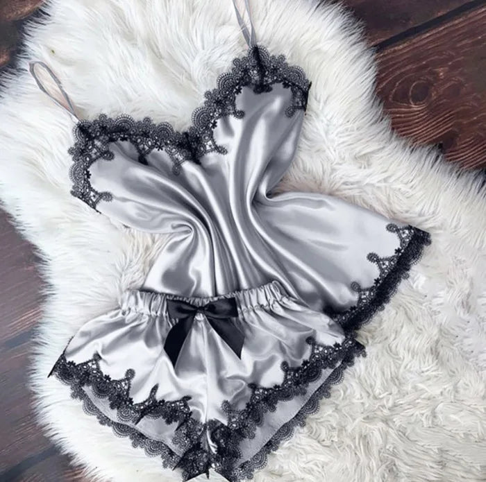 Velvet Camisole & Bow Shorts Sleepwear Set – V-Neck Backless Pajamas for Women