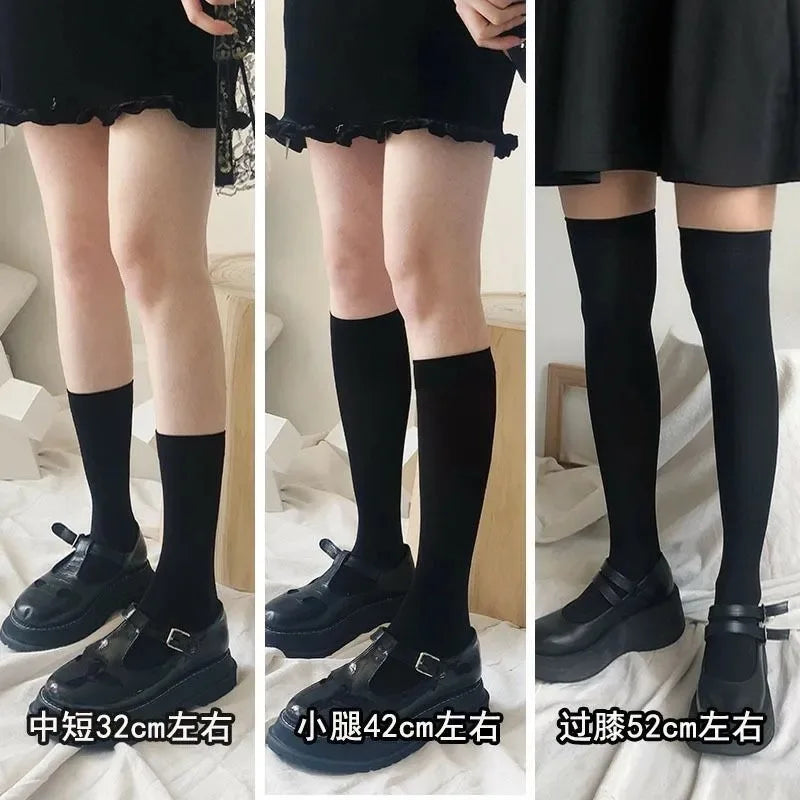 Black and white knee-high Lolita socks for women, thin breathable over-the-knee stockings