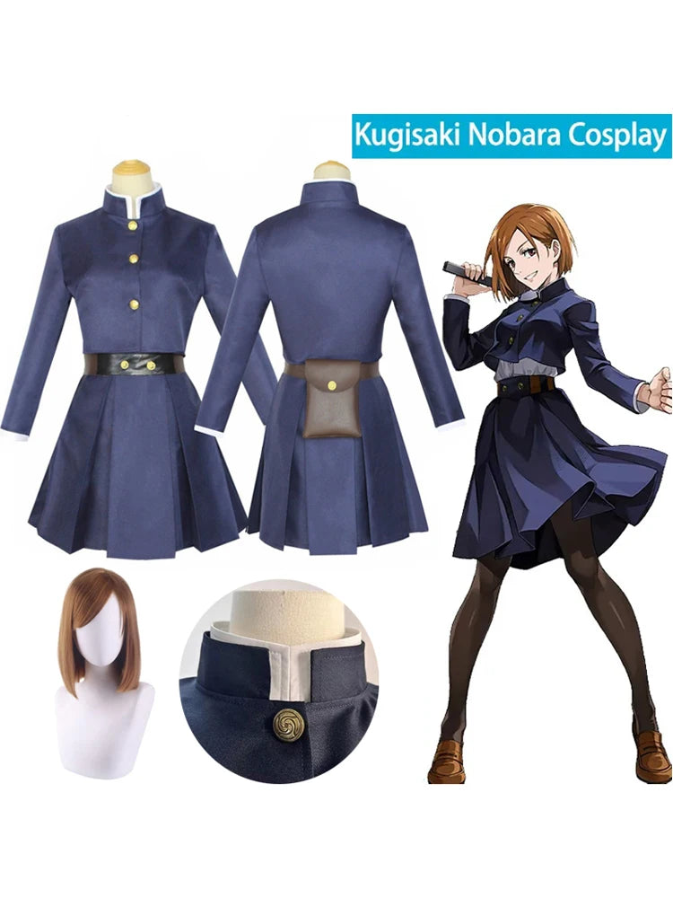 Kugisaki Nobara cosplay outfit with coat, skirt, hat, and wig on a white background.