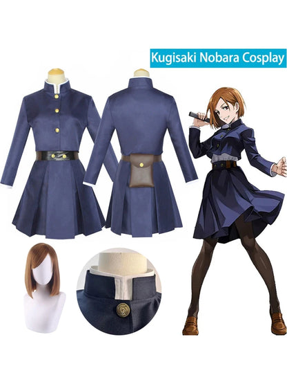 Kugisaki Nobara cosplay outfit with coat, skirt, hat, and wig on a white background.