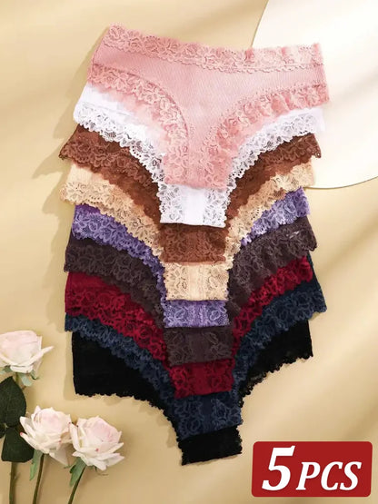 5pcs women’s cotton floral lace panties set with soft patchwork briefs