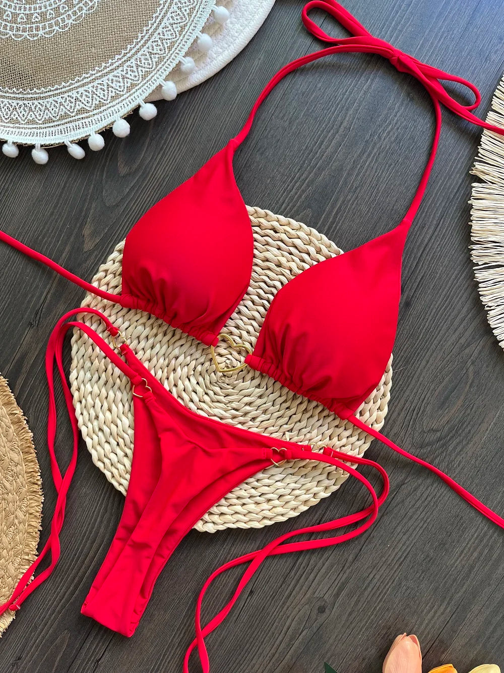 Sexy halter bikini set with Brazilian thong bottoms – women’s two-piece solid color swimwear