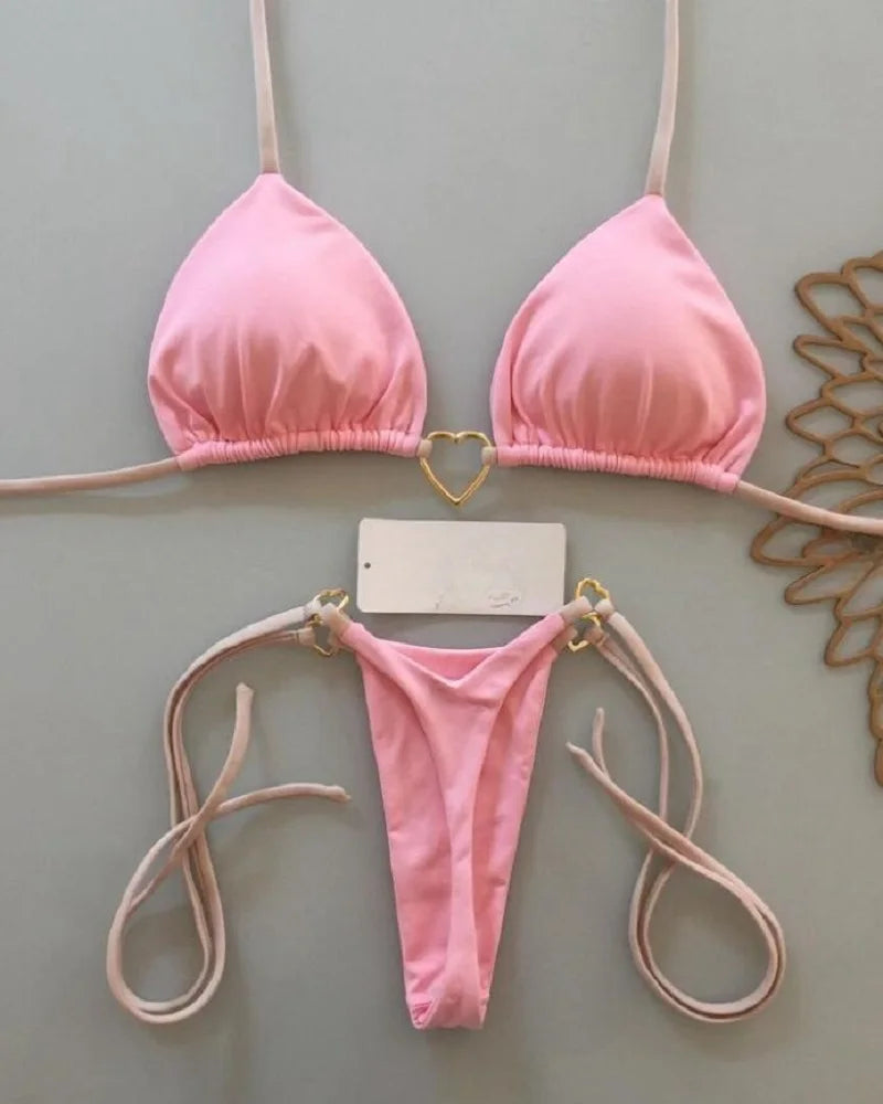 Sexy halter bikini set with Brazilian thong bottoms – women’s two-piece solid color swimwear