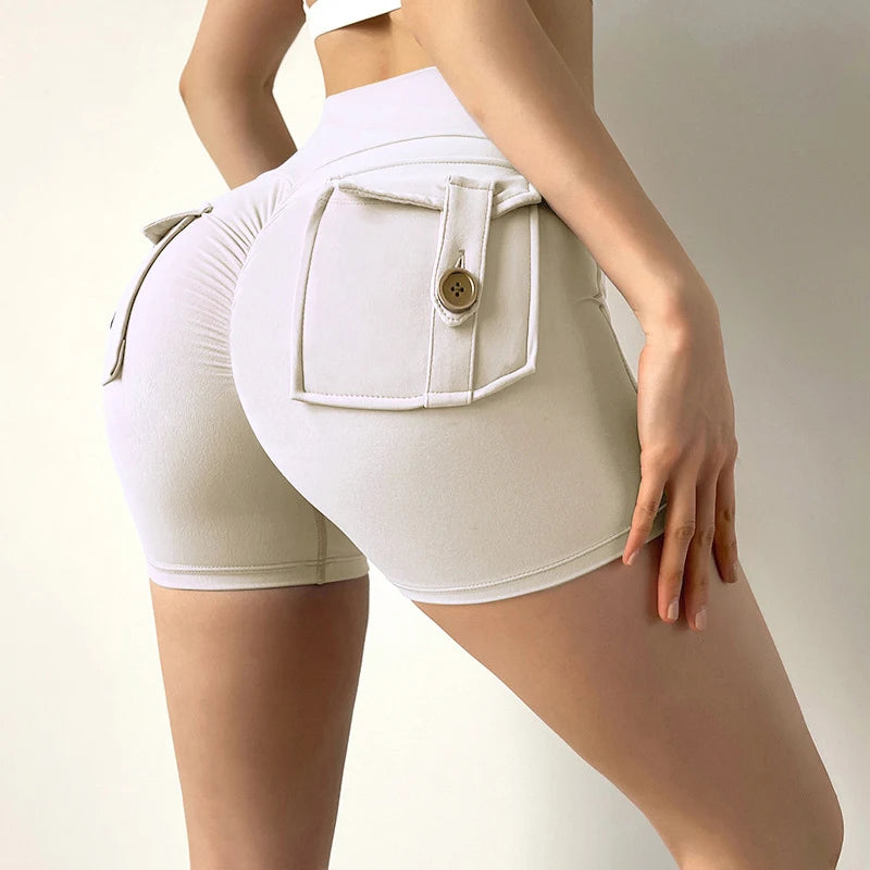 Women’s peach butt cargo yoga pants with air-dry pockets – breathable three-quarter fitness shorts