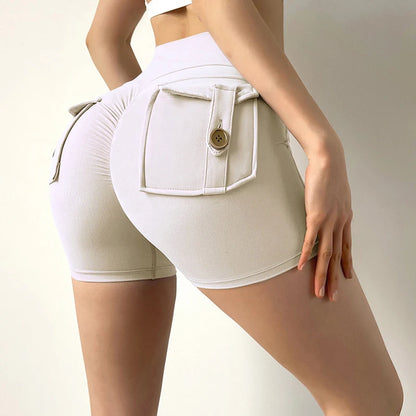 Women’s peach butt cargo yoga pants with air-dry pockets – breathable three-quarter fitness shorts