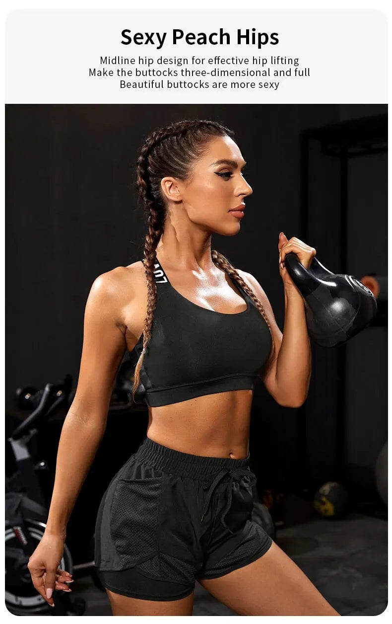 Woman in black athletic wear holding a kettlebell with text about hip design.