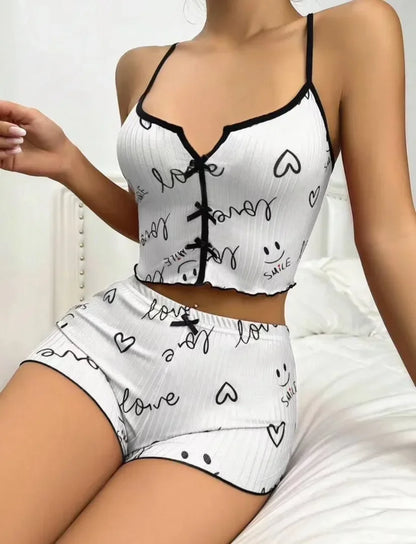 Women’s Heart Print Pajamas Set – Soft Ribbed Fabric Cami Top & Shorts with Flirty Frill Trim