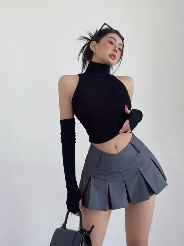 Sexy high neck pleated sleeveless crop tank top for women, Y2K clubwear and streetwear