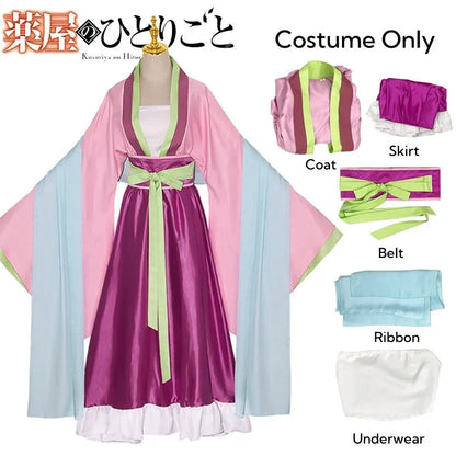Costume set with pink coat, purple skirt, and accessories on a white background