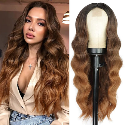 Side-by-side comparison of a woman with long wavy hair and a wig on a mannequin head.