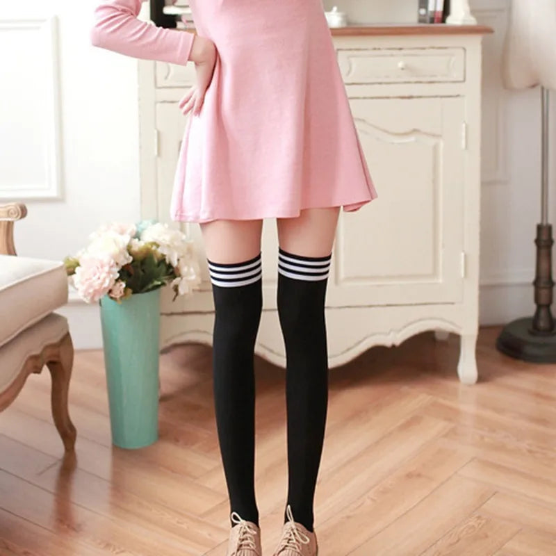 Women’s thigh high striped nylon socks, sexy over-the-knee long stockings, and leg warmers