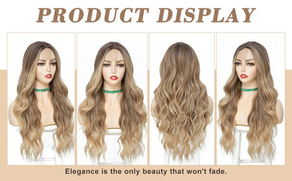 Four mannequin heads with long, wavy blonde hair displayed against a beige background.