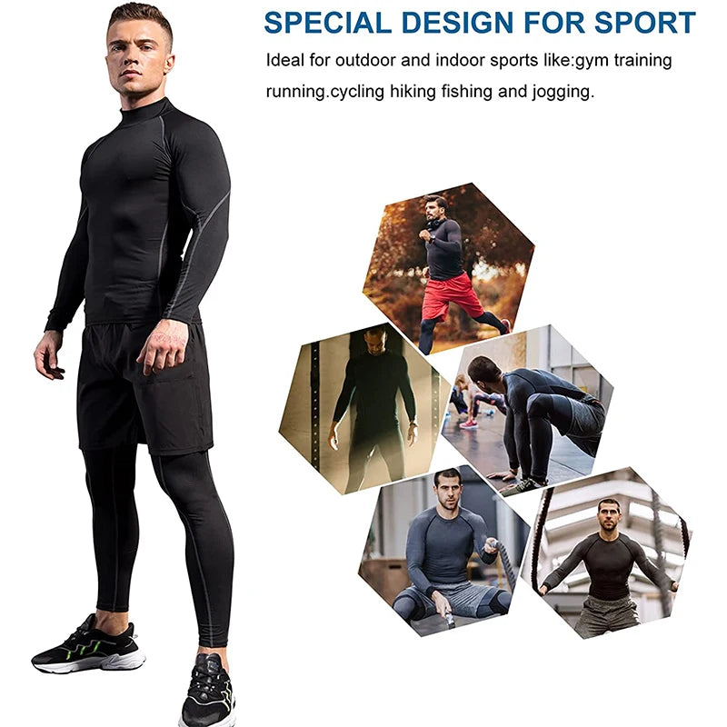 Man wearing black athletic wear with text about sports and activities.