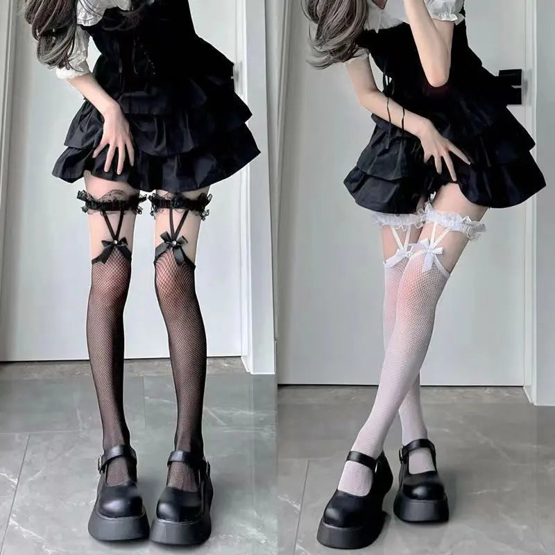 Women’s thin fishnet Lolita socks with lace suspenders and long tube design
