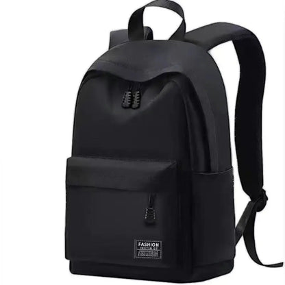 Black backpack with a visible brand label on a white background
