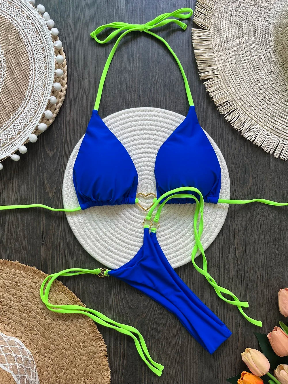 Sexy halter bikini set with Brazilian thong bottoms – women’s two-piece solid color swimwear
