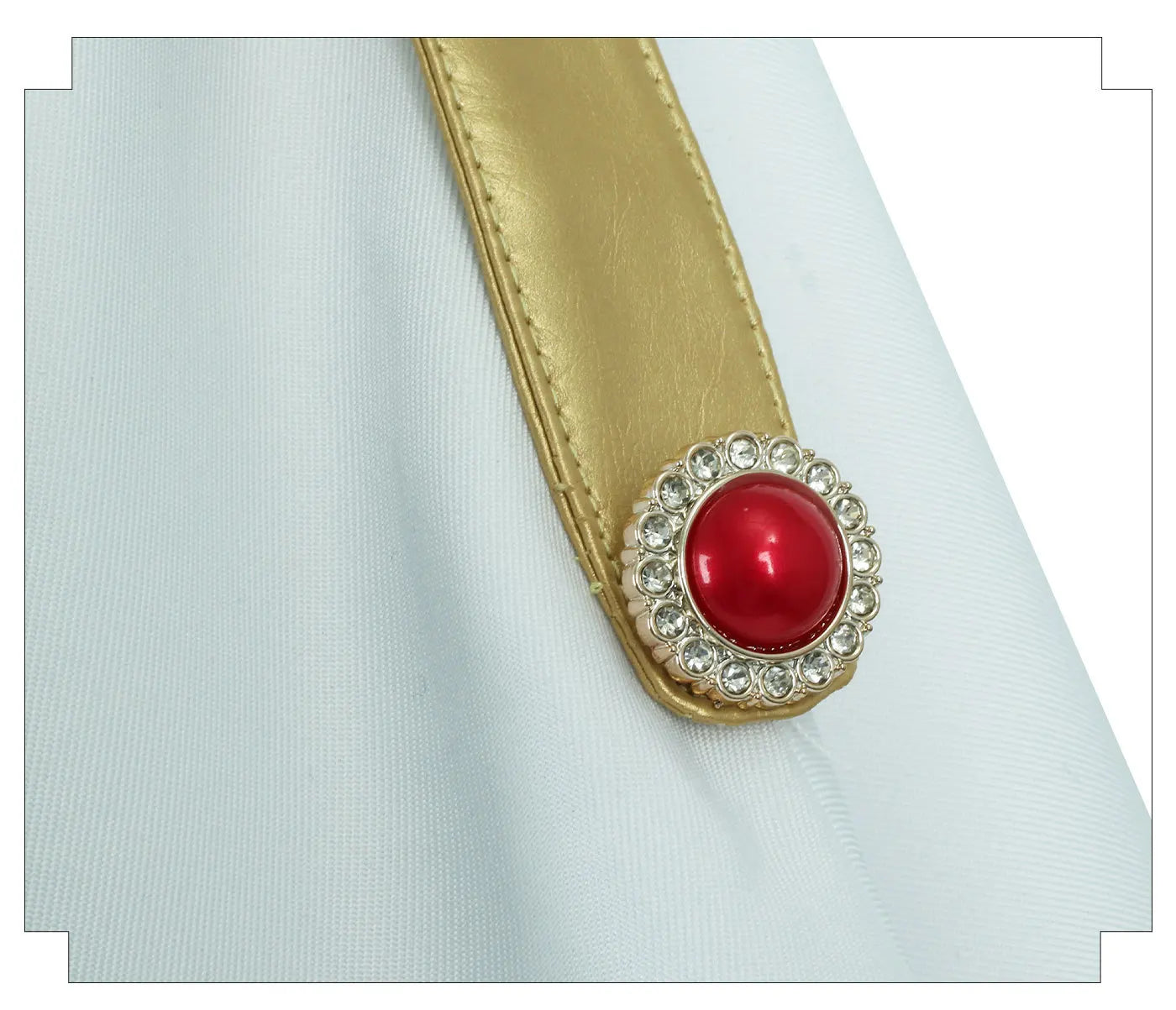 Gold belt with a red gemstone buckle on a white background