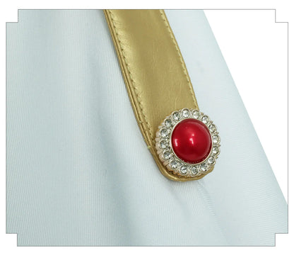 Gold belt with a red gemstone buckle on a white background