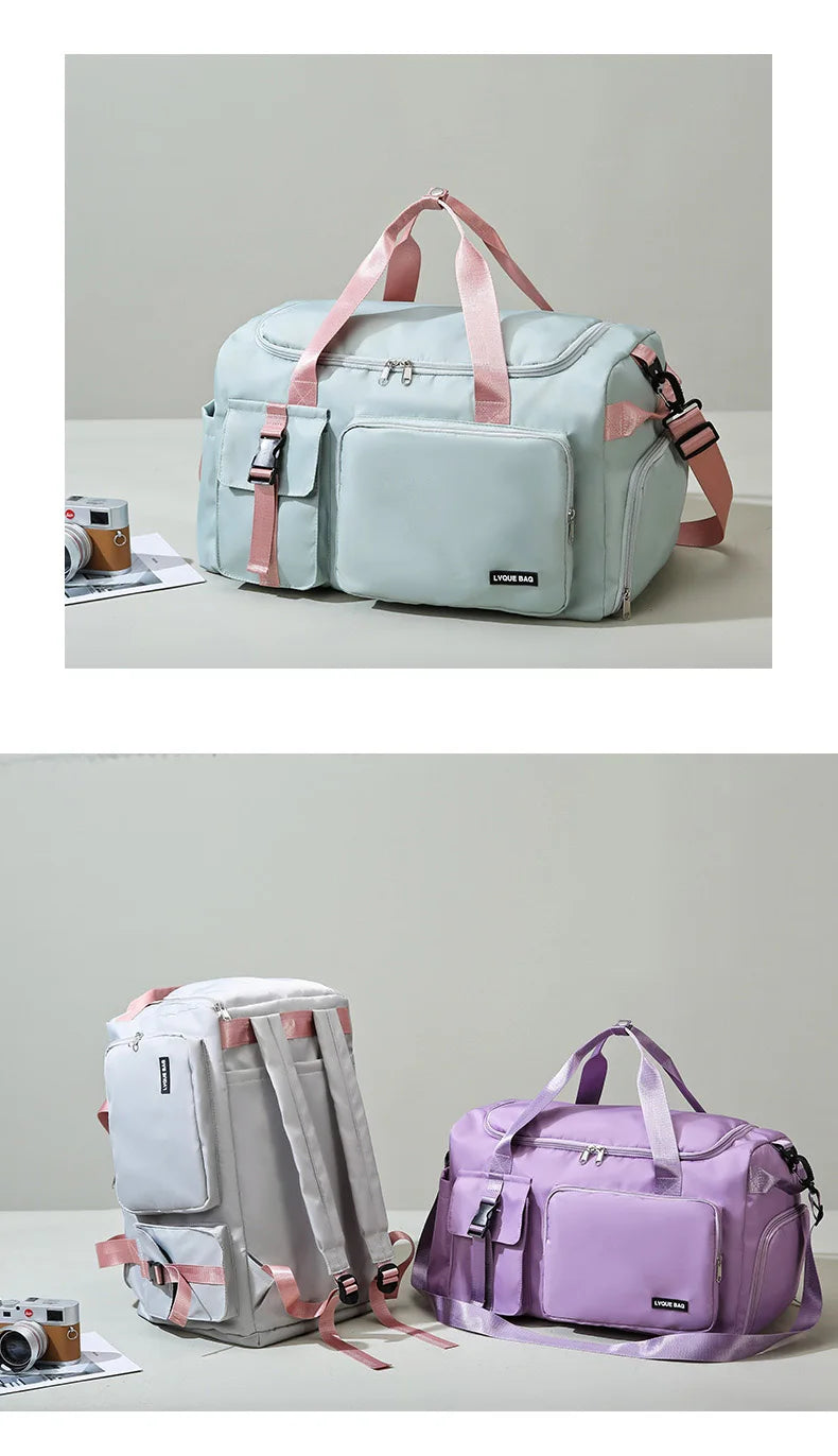 Light blue duffel bag with pink straps on a light gray background