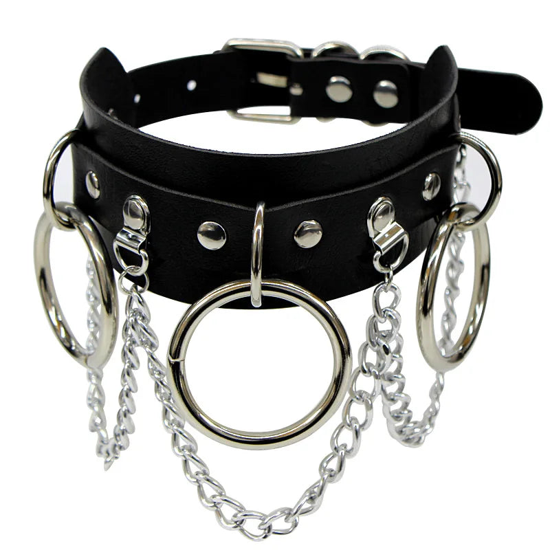 ShadowBelle PU leather punk choker set with bell, spikes, and rivets for goth and BDSM cosplay