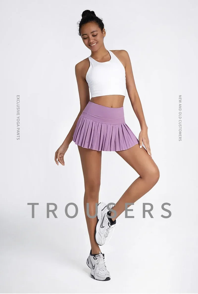 High-waist pleated tennis skirt pants with built-in shorts, breathable and lightweight for summer fitness activities