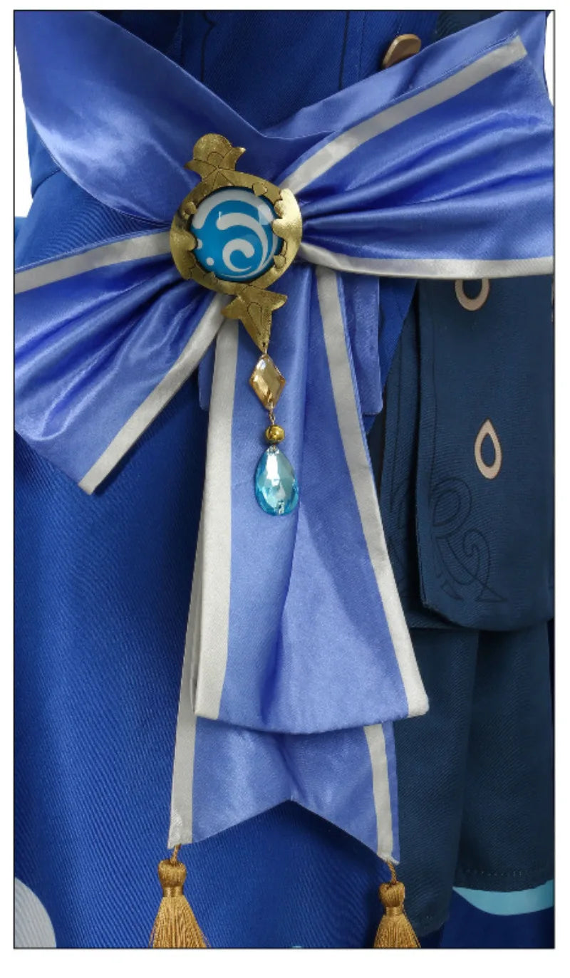 Blue fabric with decorative bow and emblem, likely from a costume or garment.