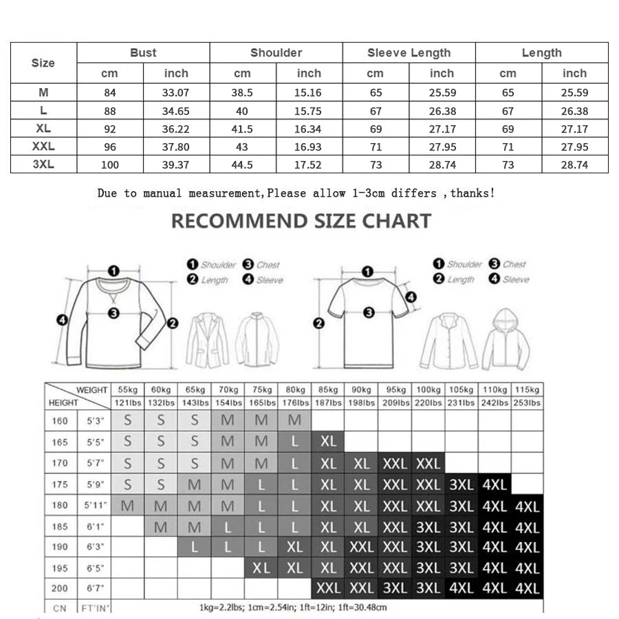 Size chart for clothing with measurements in centimeters and inches.
