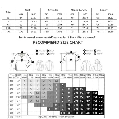 Size chart for clothing with measurements in centimeters and inches.