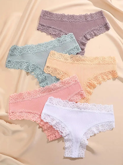 5pcs women’s cotton floral lace panties set with soft patchwork briefs
