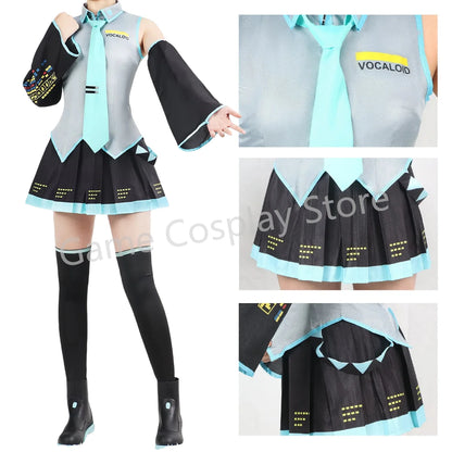 Cosplay costume with 'Vocaloid' branding, featuring a sleeveless top, skirt, and high socks.