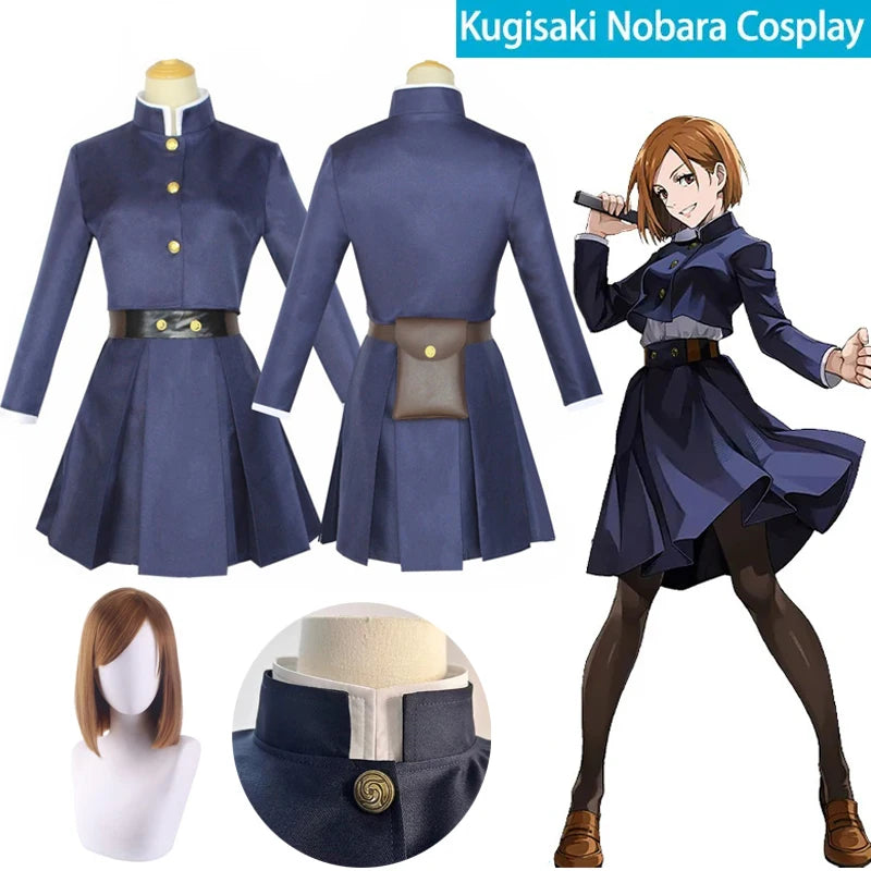 Kugisaki Nobara cosplay costume with jacket, skirt, hat, and wig on a white background.