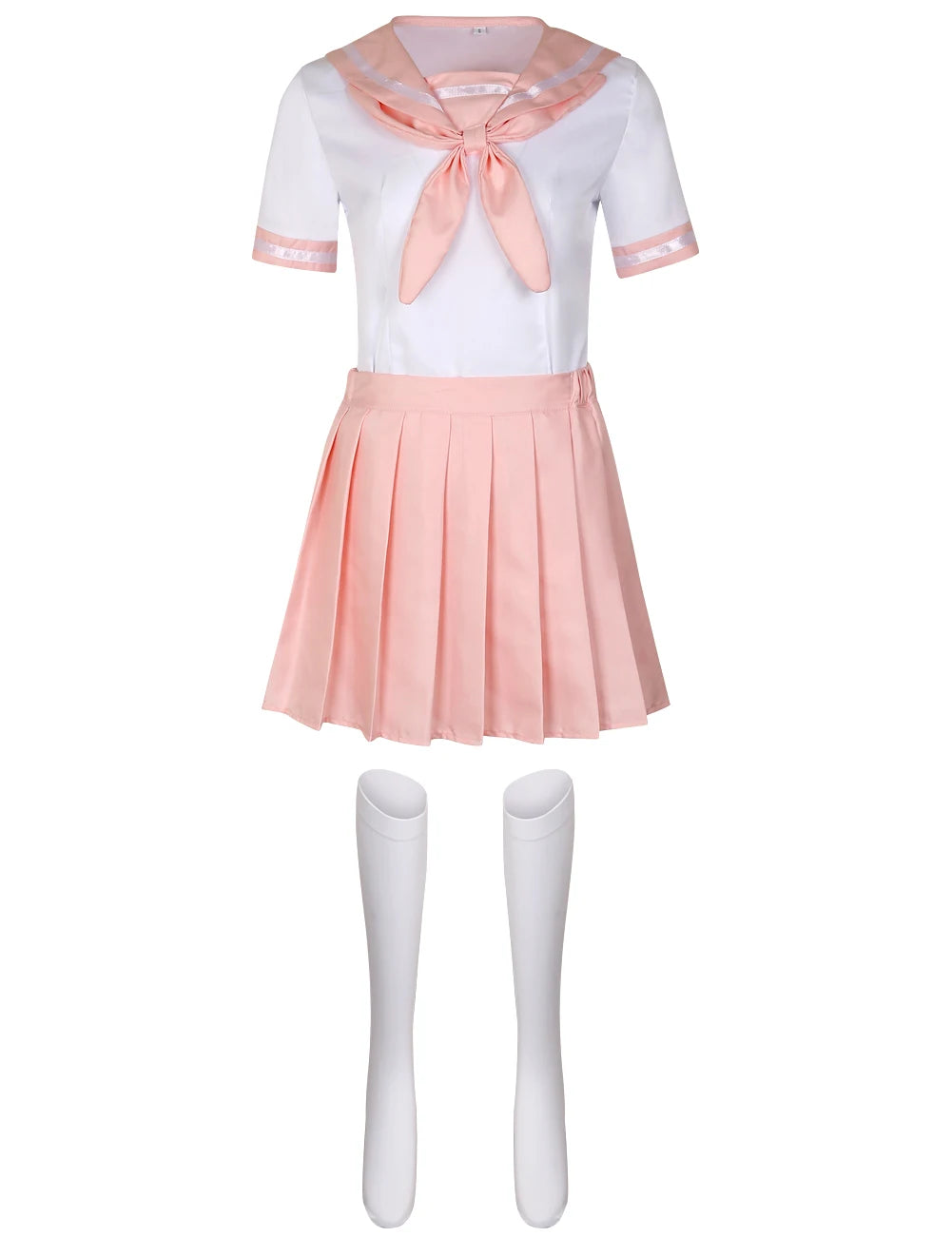 Japanese Seifuku pink sailor cosplay uniform with pleated skirt, blouse, and socks set for anime costume or kawaii fashion