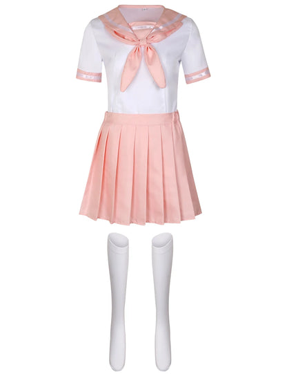 Japanese Seifuku pink sailor cosplay uniform with pleated skirt, blouse, and socks set for anime costume or kawaii fashion
