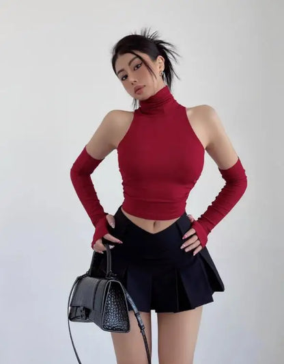 Sexy high neck pleated sleeveless crop tank top for women, Y2K clubwear and streetwear