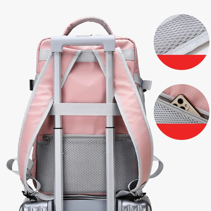 Pink backpack with detailed views of its features on a white background