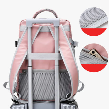 Pink backpack with detailed views of its features on a white background
