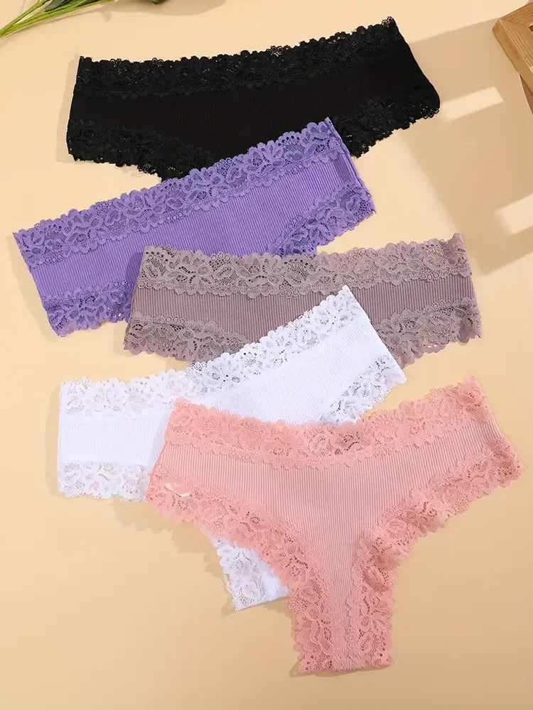 5pcs Women’s Cotton Floral Lace Panties Set – Soft Patchwork Lace Underwear
