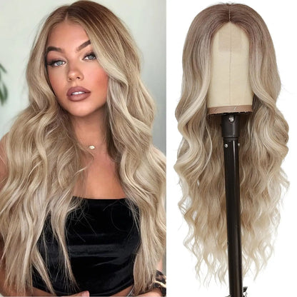 Blonde wig on a mannequin head next to a model with the same wig.