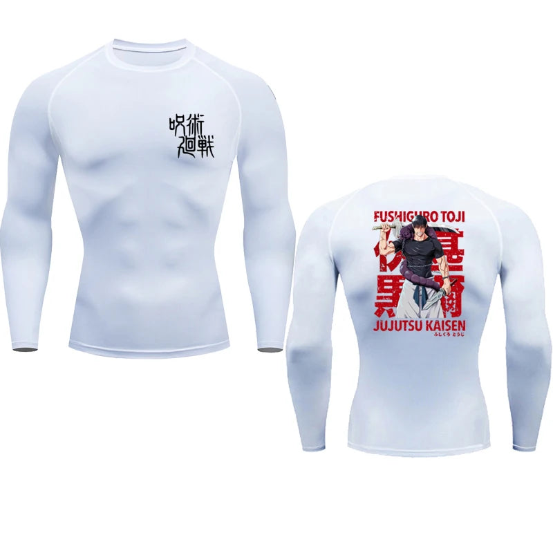 White long-sleeve rash guard with graphic design on a white background
