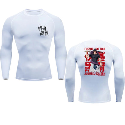 White long-sleeve rash guard with graphic design on a white background