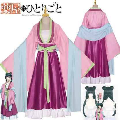 Traditional Japanese kimono with pink and purple colors, accompanied by an anime-style character illustration.