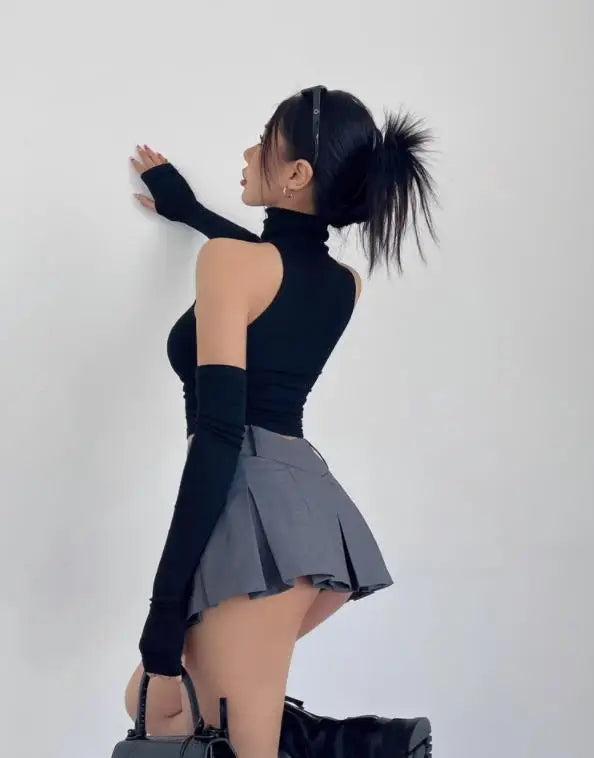 Sexy high neck pleated sleeveless crop tank top for women, Y2K clubwear and streetwear
