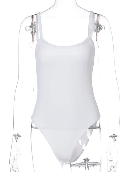 Women’s white strap solid bodycon sleeveless summer bodysuit, slim fit casual top