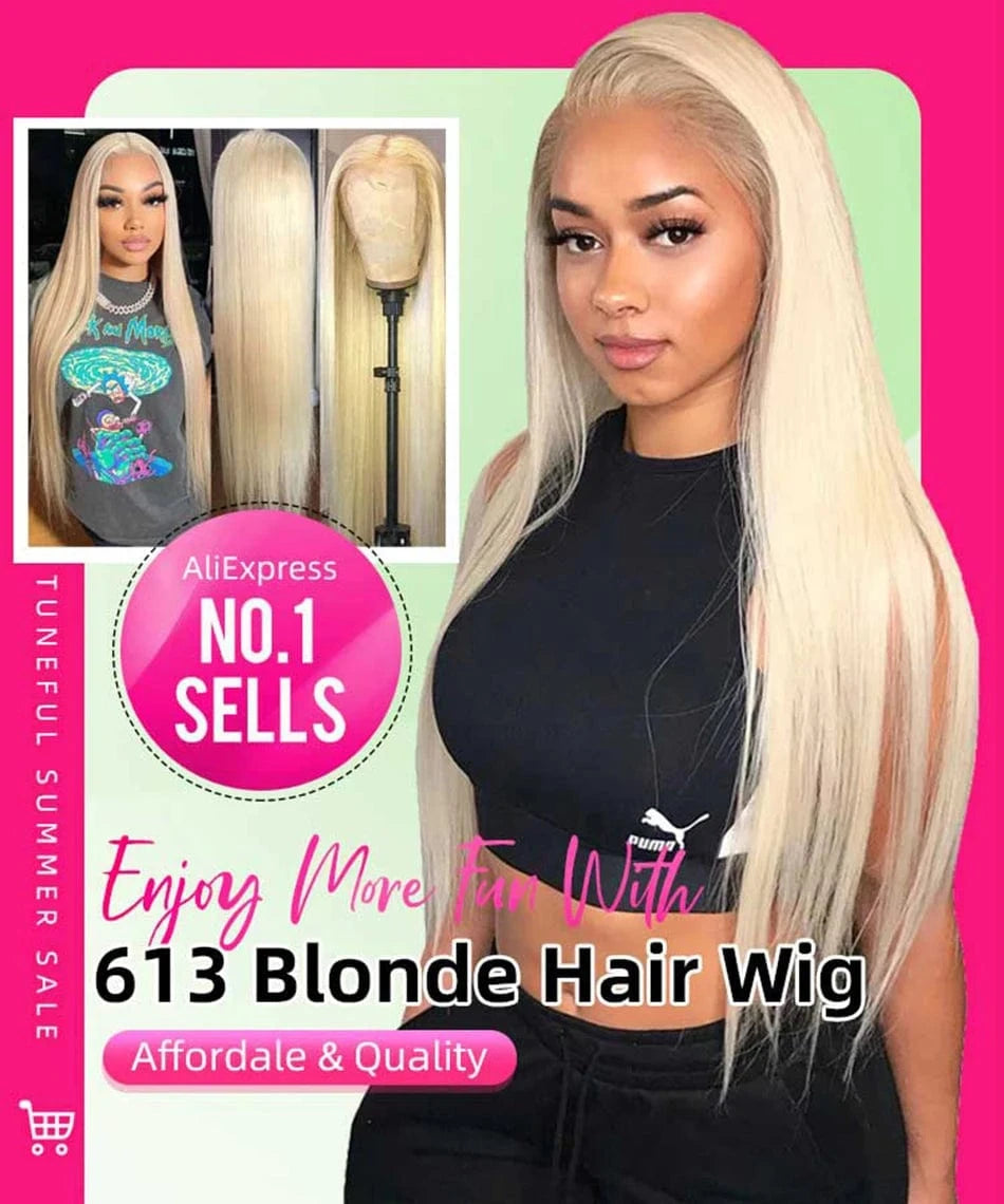 Woman with long blonde hair wearing a black crop top, surrounded by promotional text and images of the wig.