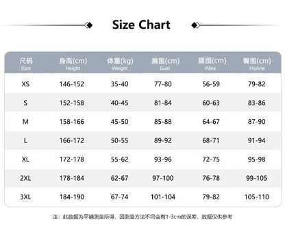 Size chart for clothing with height, weight, bust, waist, and hip measurements.