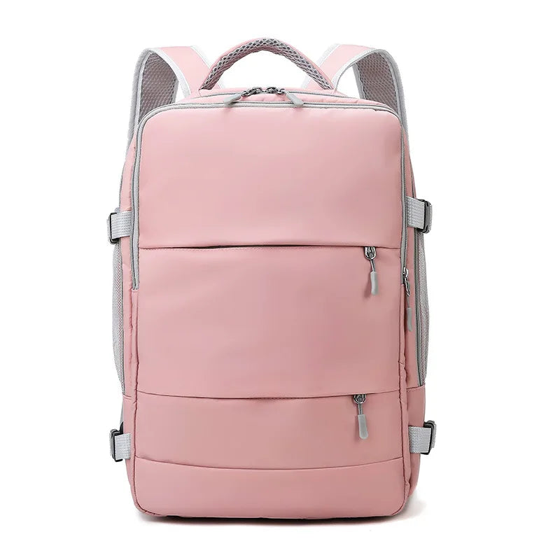 Pink backpack with gray straps on a white background