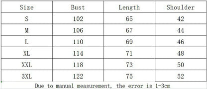 Measurement chart for clothing sizes S to 3XL with bust, length, and shoulder measurements.