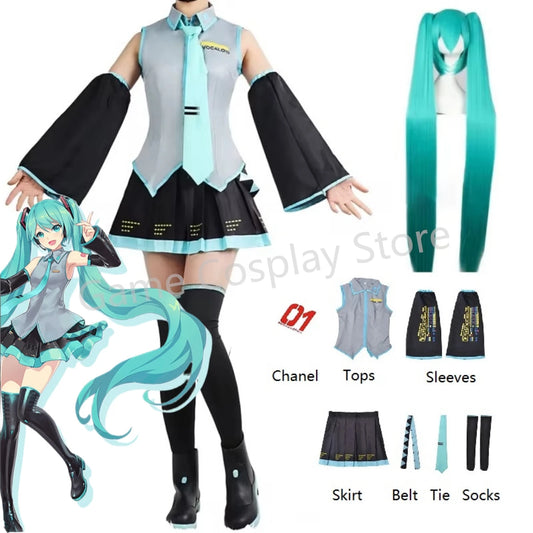 Cosplay costume set with components labeled for assembly, including a character illustration on the left.