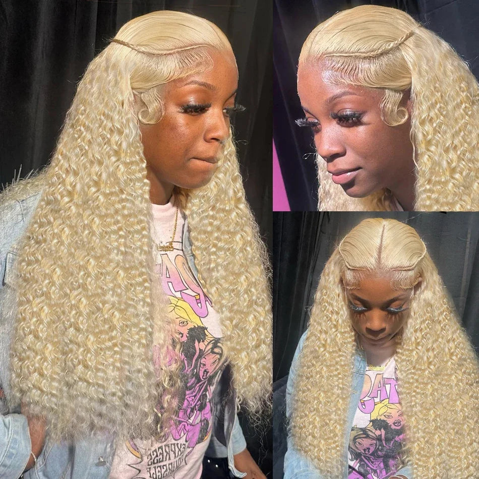 Three views of a person with blonde hair styled in a wig, wearing a graphic t-shirt.