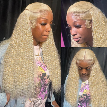 Three views of a person with blonde hair styled in a wig, wearing a graphic t-shirt.